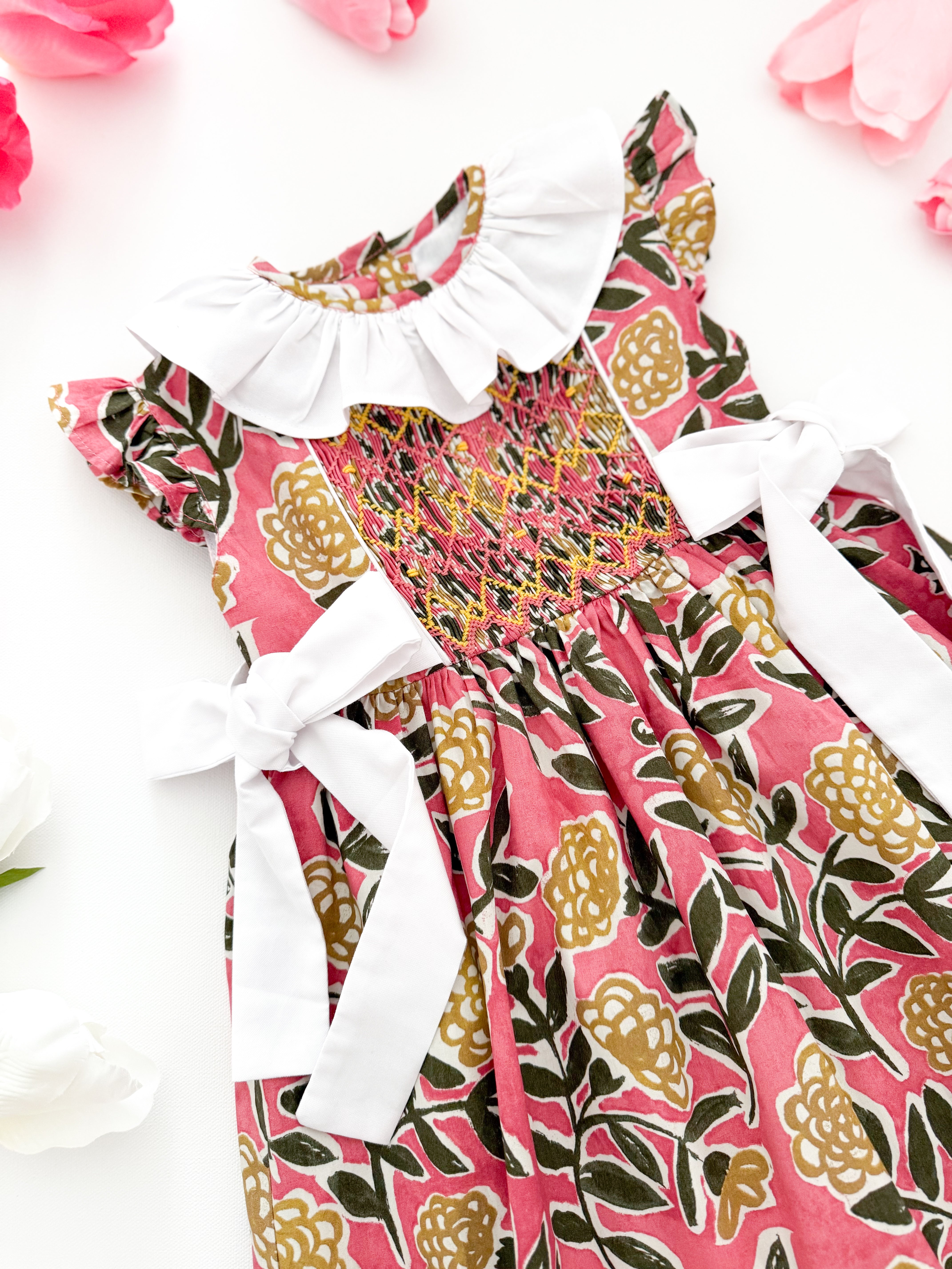 The hand smocked SERAPHINA dress - Floral pink yellow