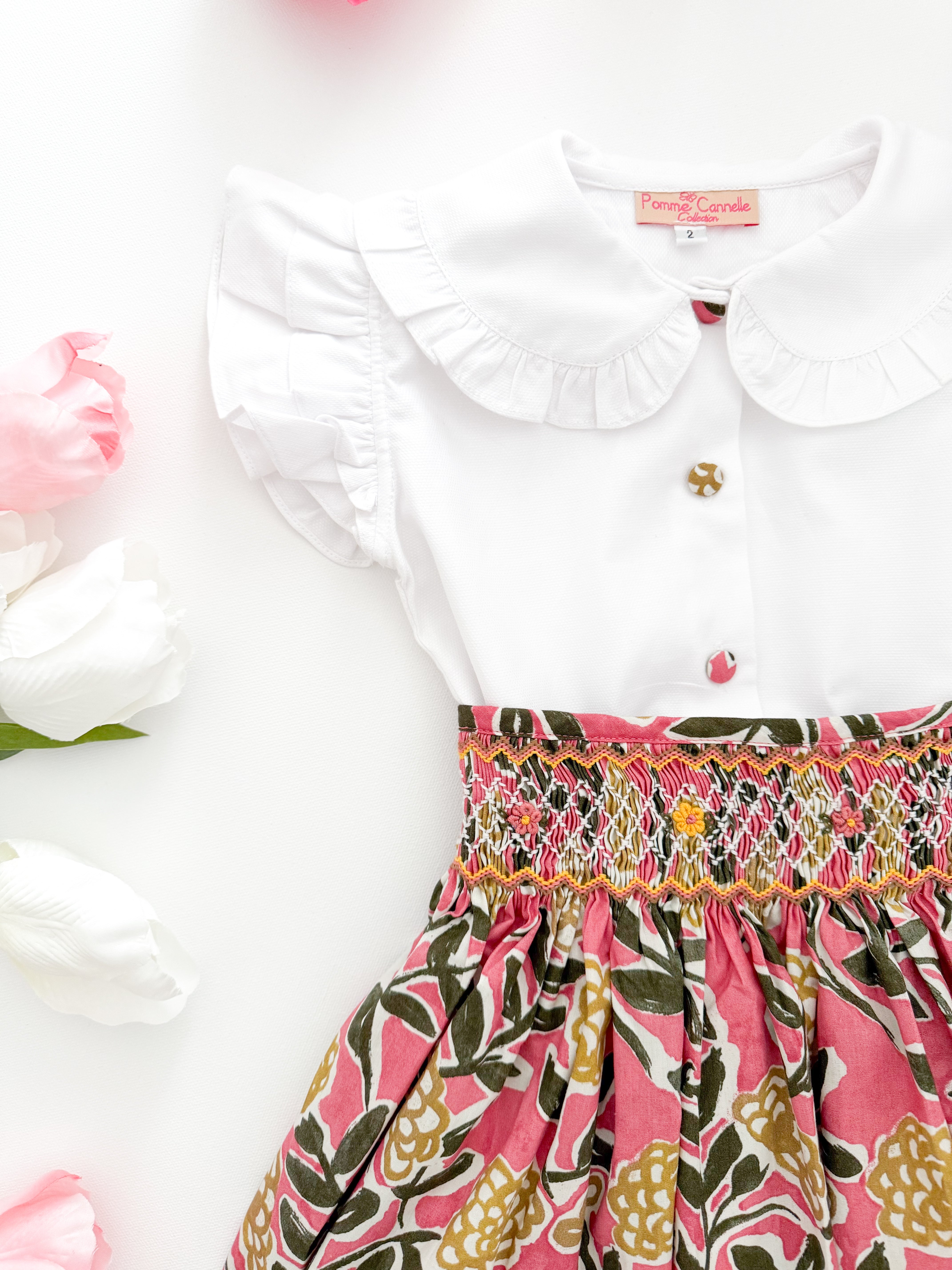 The hand smocked CALISTA set - Floral pink yellow