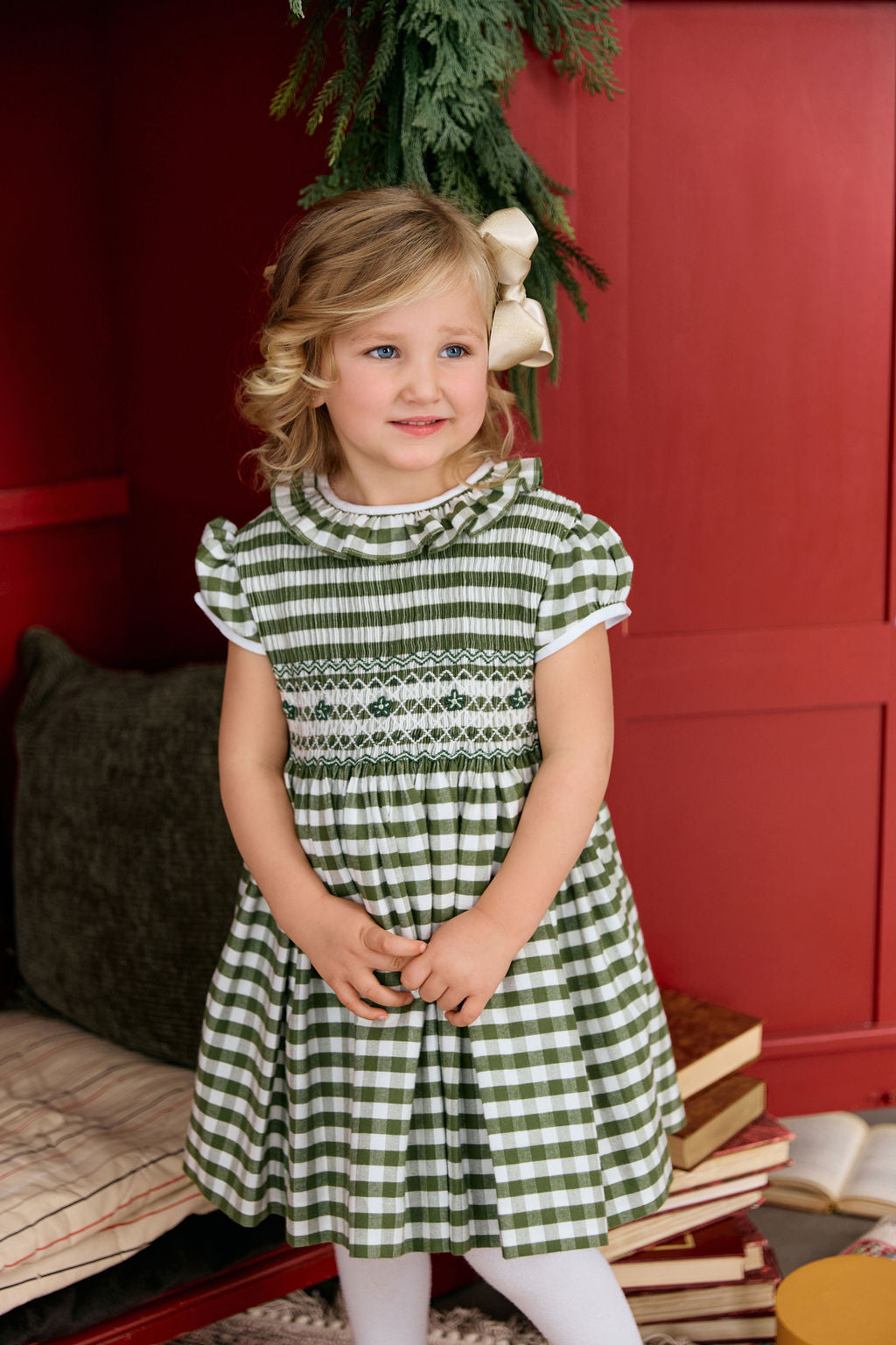 The hand smocked BENEDICTE dress - in green and white