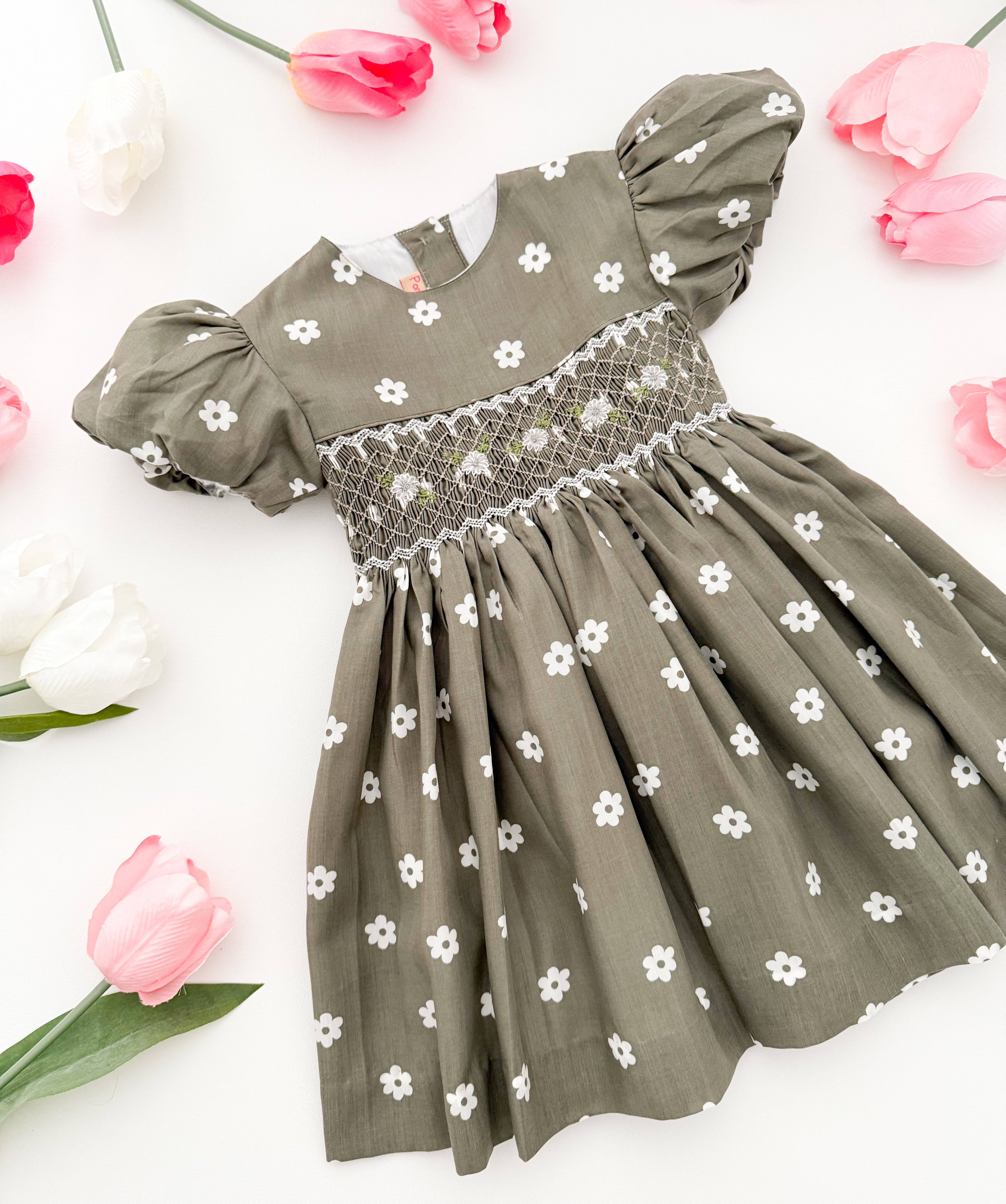 The hand smocked BELLA dress - Green Olive