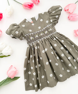 The hand smocked BELLA dress - Green Olive