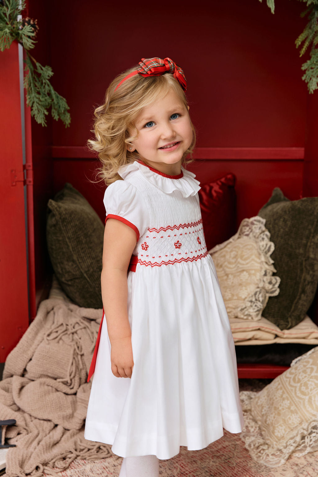 The hand smocked BENEDICTE dress - in white and red