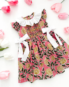 The hand smocked SERAPHINA dress - Floral pink yellow