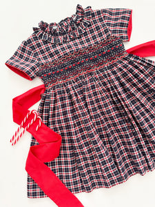 The hand smocked AMANDA dress - Tartan Navy and red