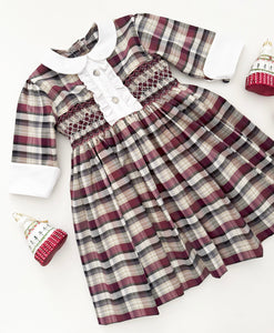 The hand smocked CLAIRE dress - Burgundy/Grey