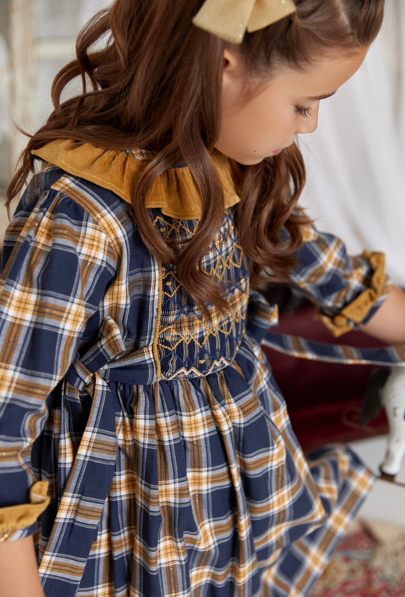 ** SECONDS SALE ** The hand smocked SERAPHINA dress - Tartan Blue and Yellow velvet