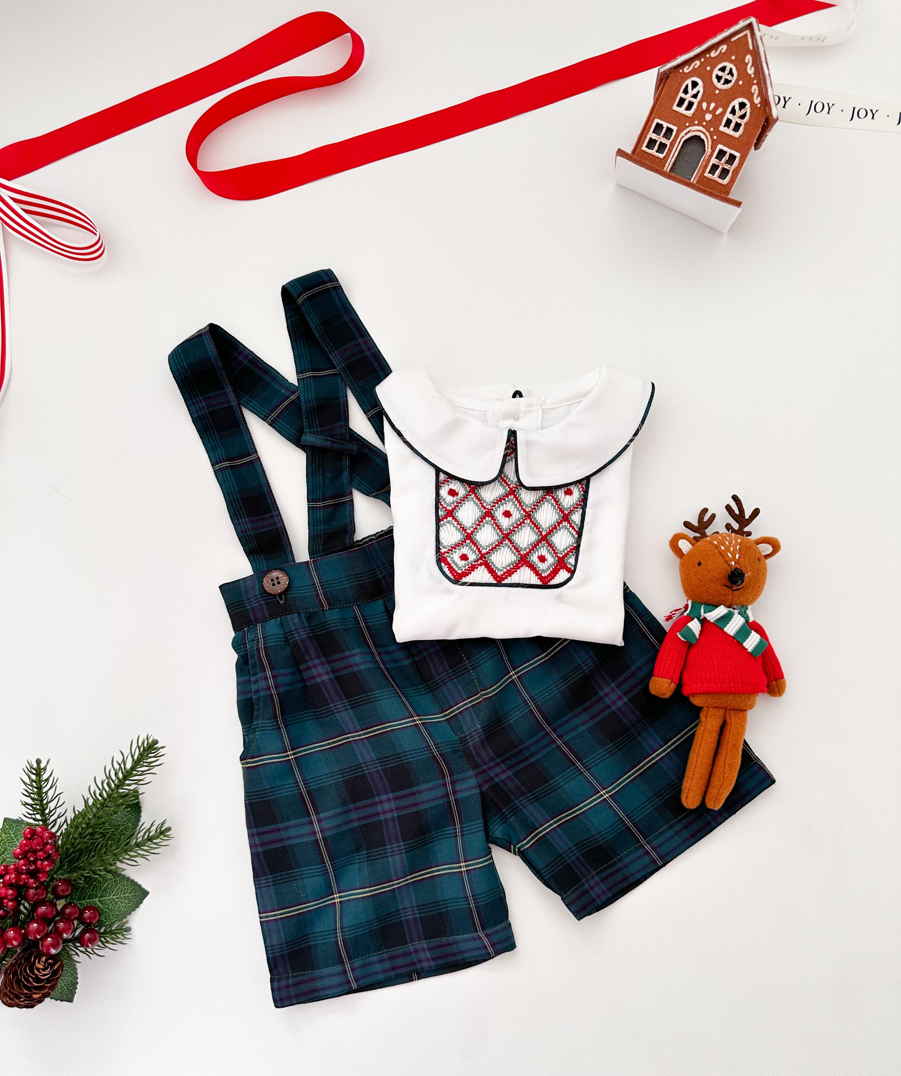 The hand smocked MILAN set - Tartan green