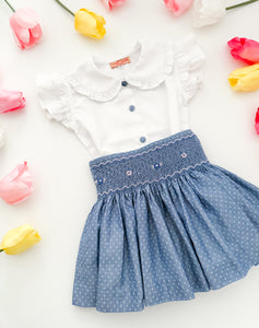 The hand smocked CALISTA set - Blue polka dots