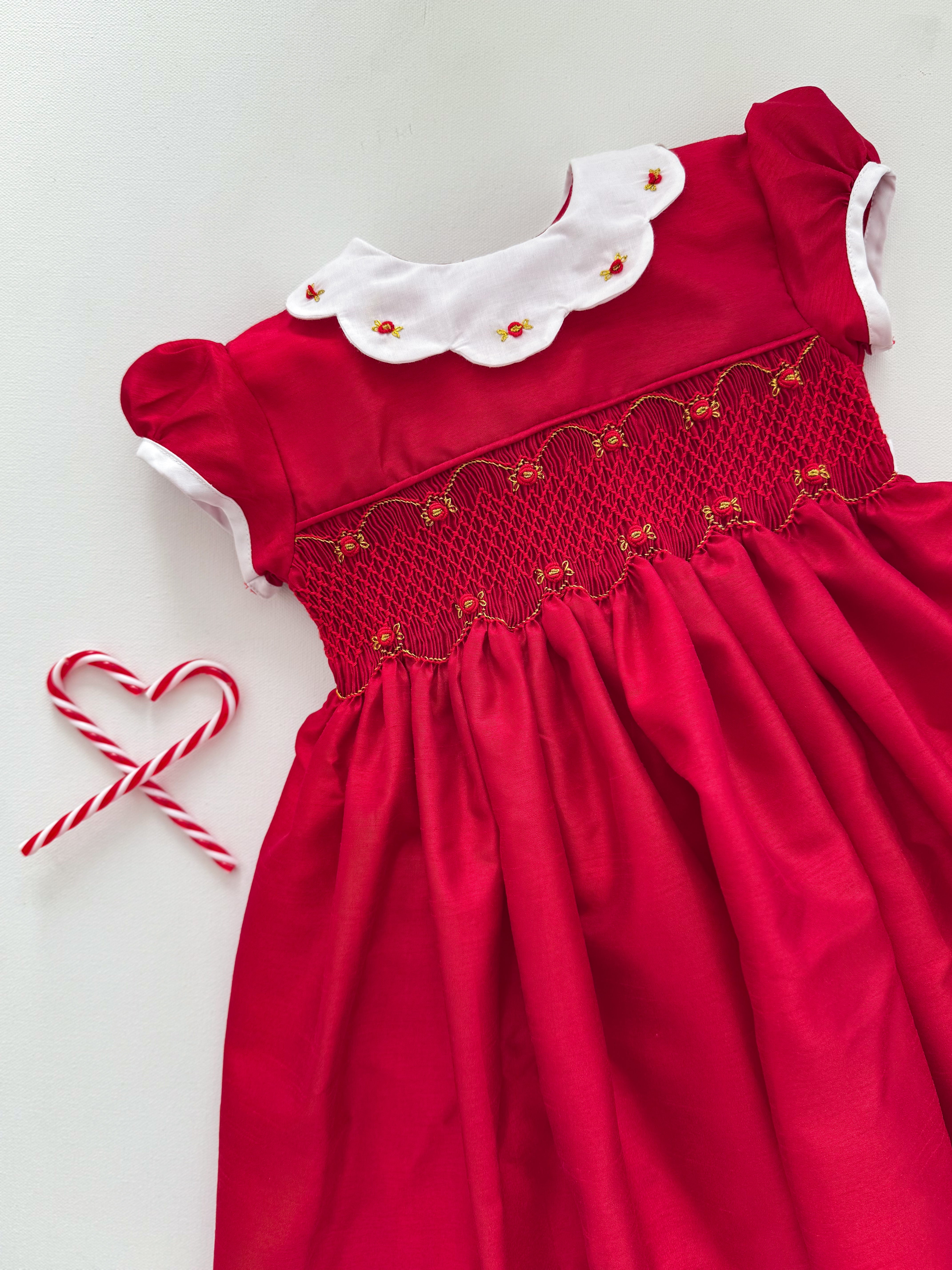 The hand smocked GRACE dress - Red Silk