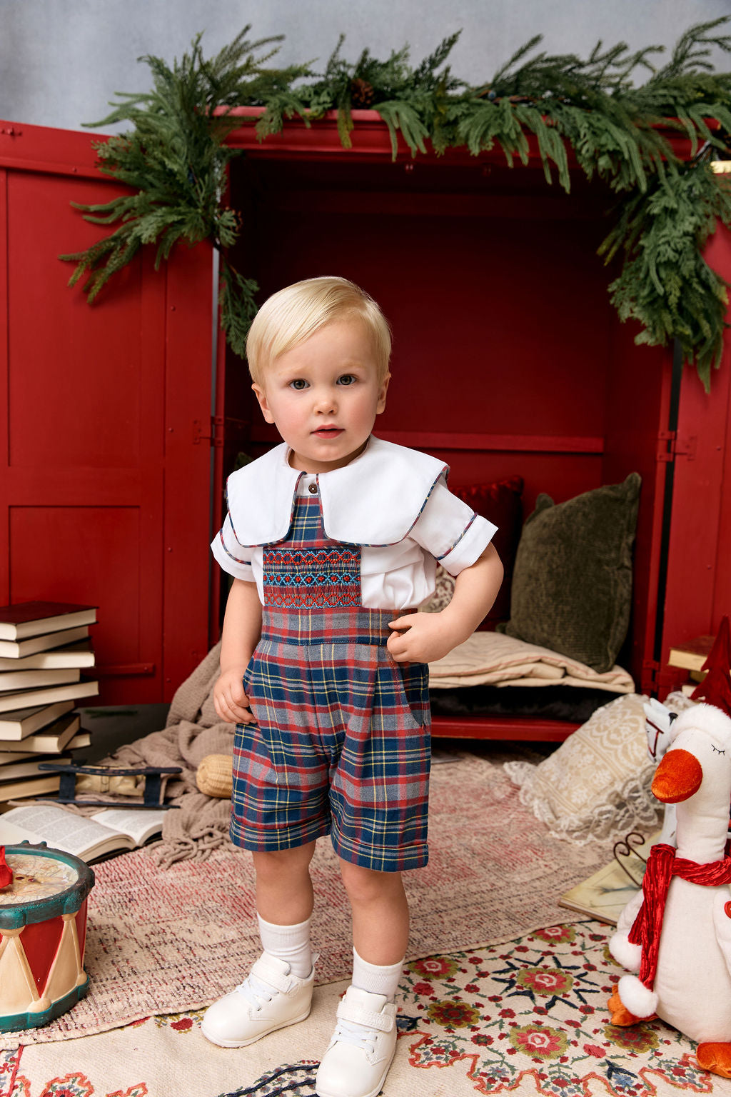 The hand smocked JOSEPH - Tartan blue red