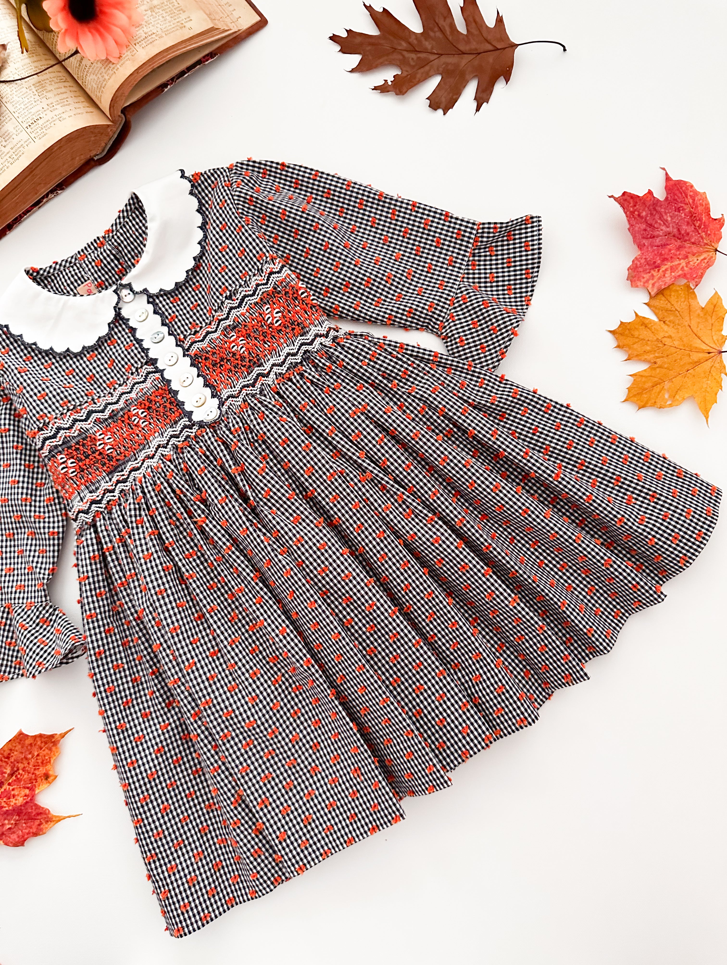 The hand smocked FLORENCE dress - Navy Check, Orange plumetis