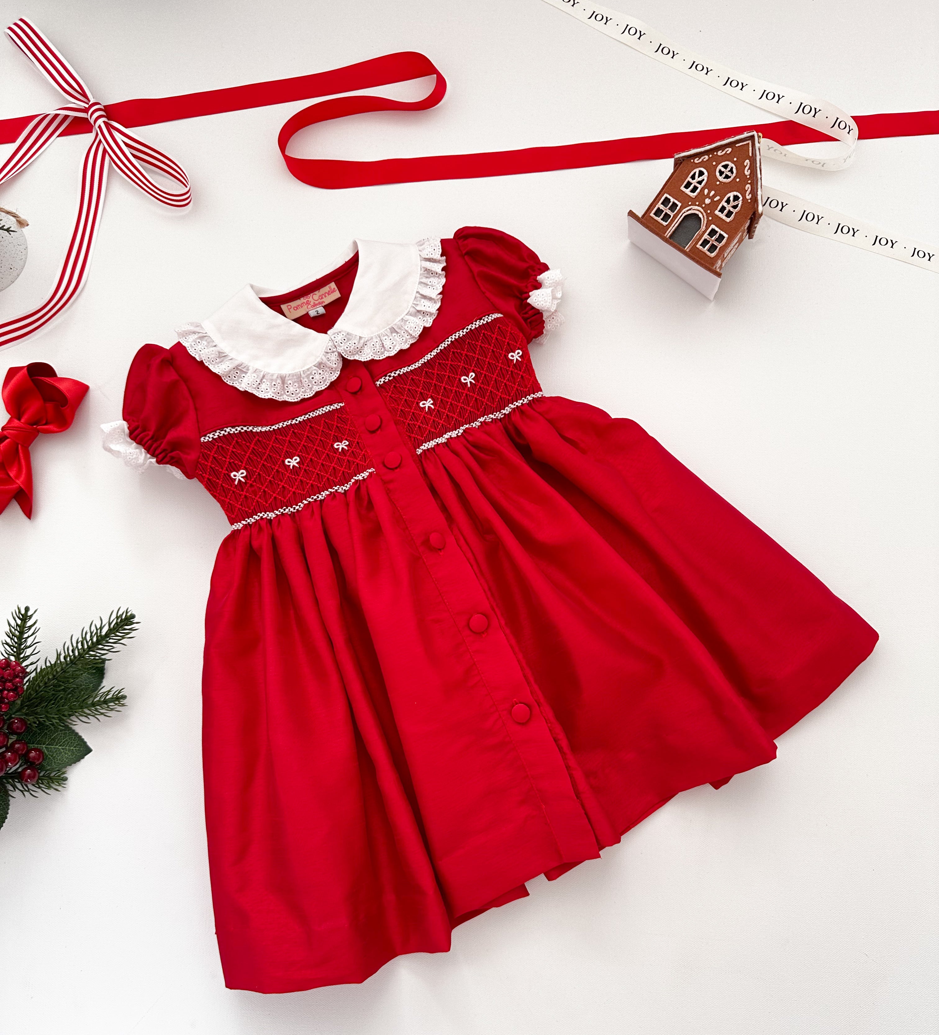 The hand smocked MATHILDE dress - Red Silk