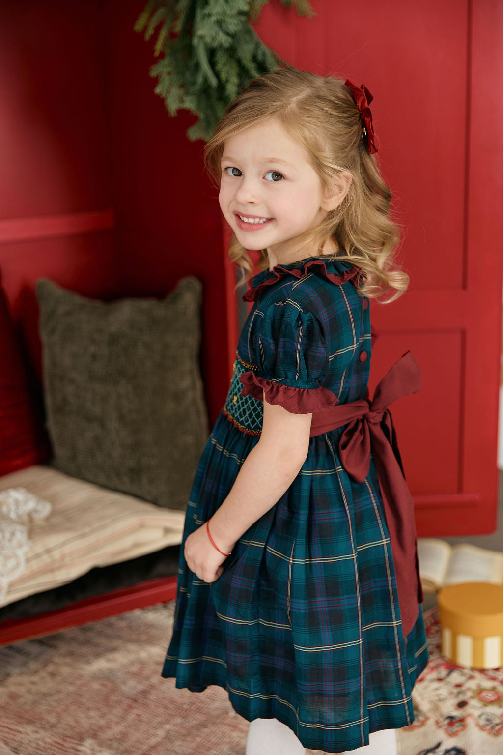 The hand smocked CAMILLE dress - Green (Holidays Edition)