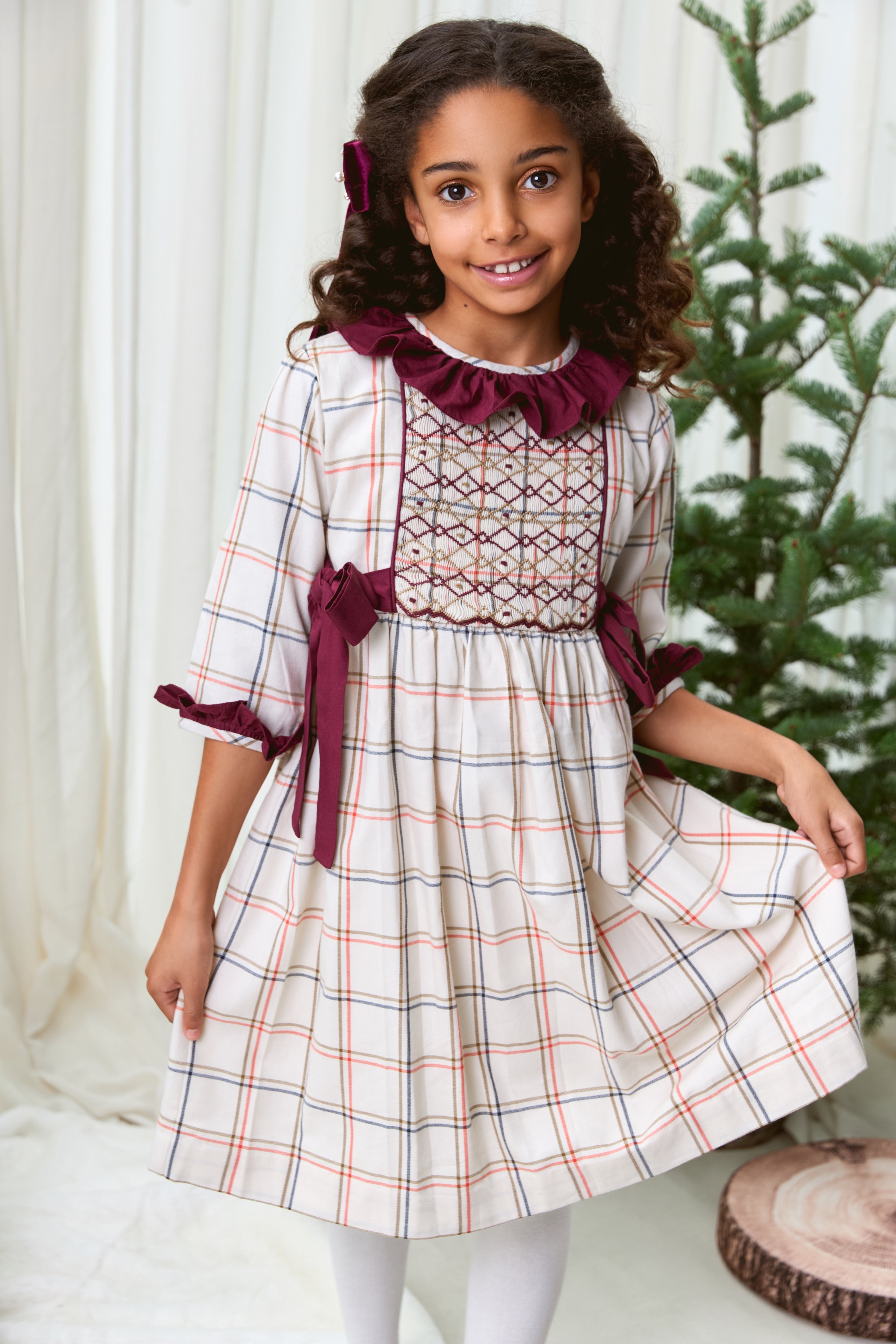 The hand smocked SERAPHINA dress - Ivory/Burgundy