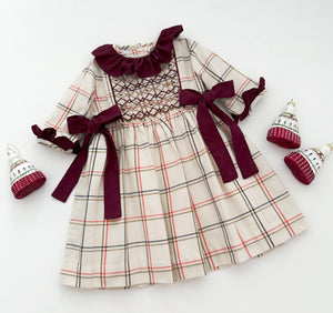 The hand smocked SERAPHINA dress - Ivory/Burgundy