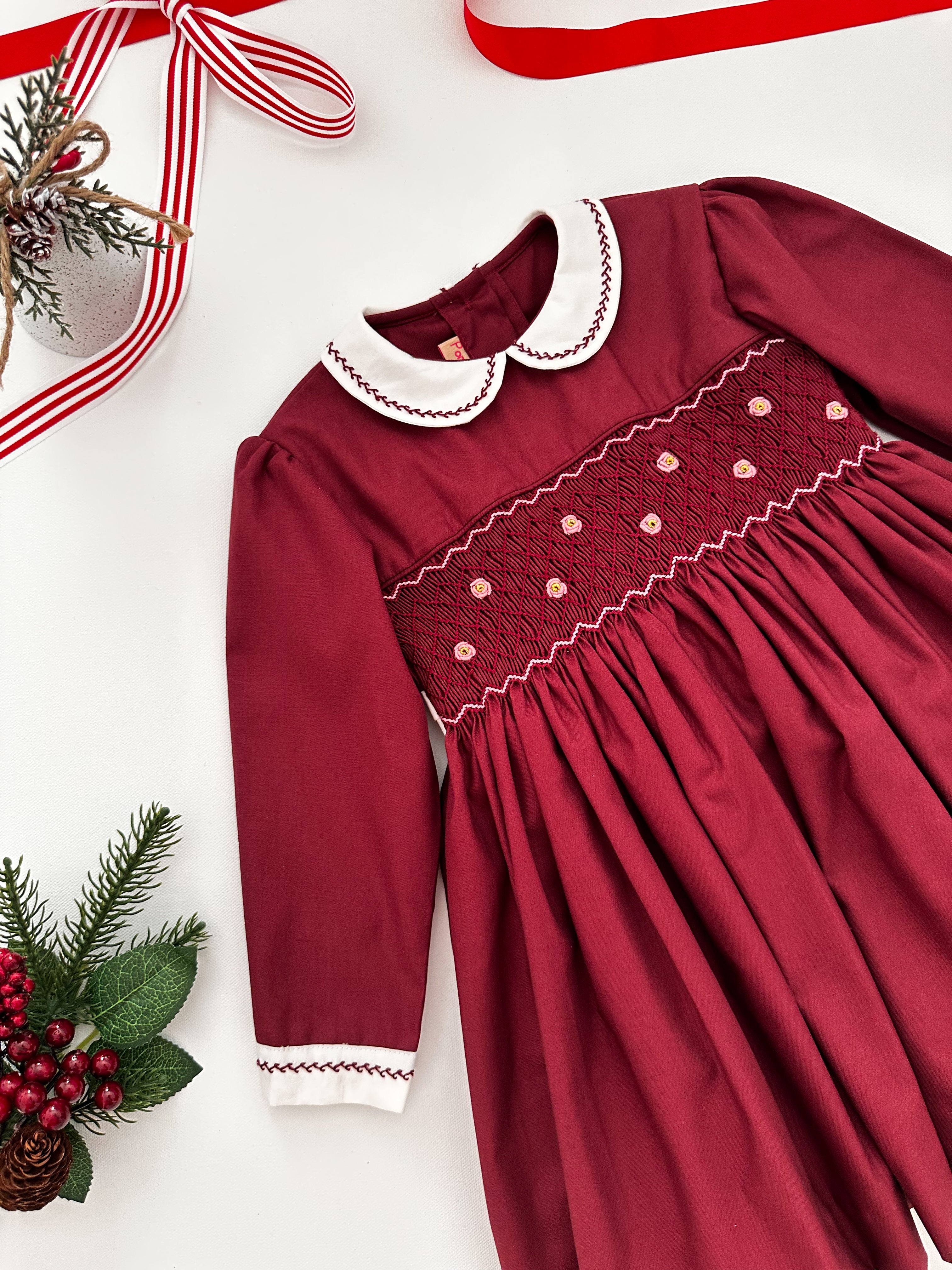 The hand smocked ANNE dress - Burgundy