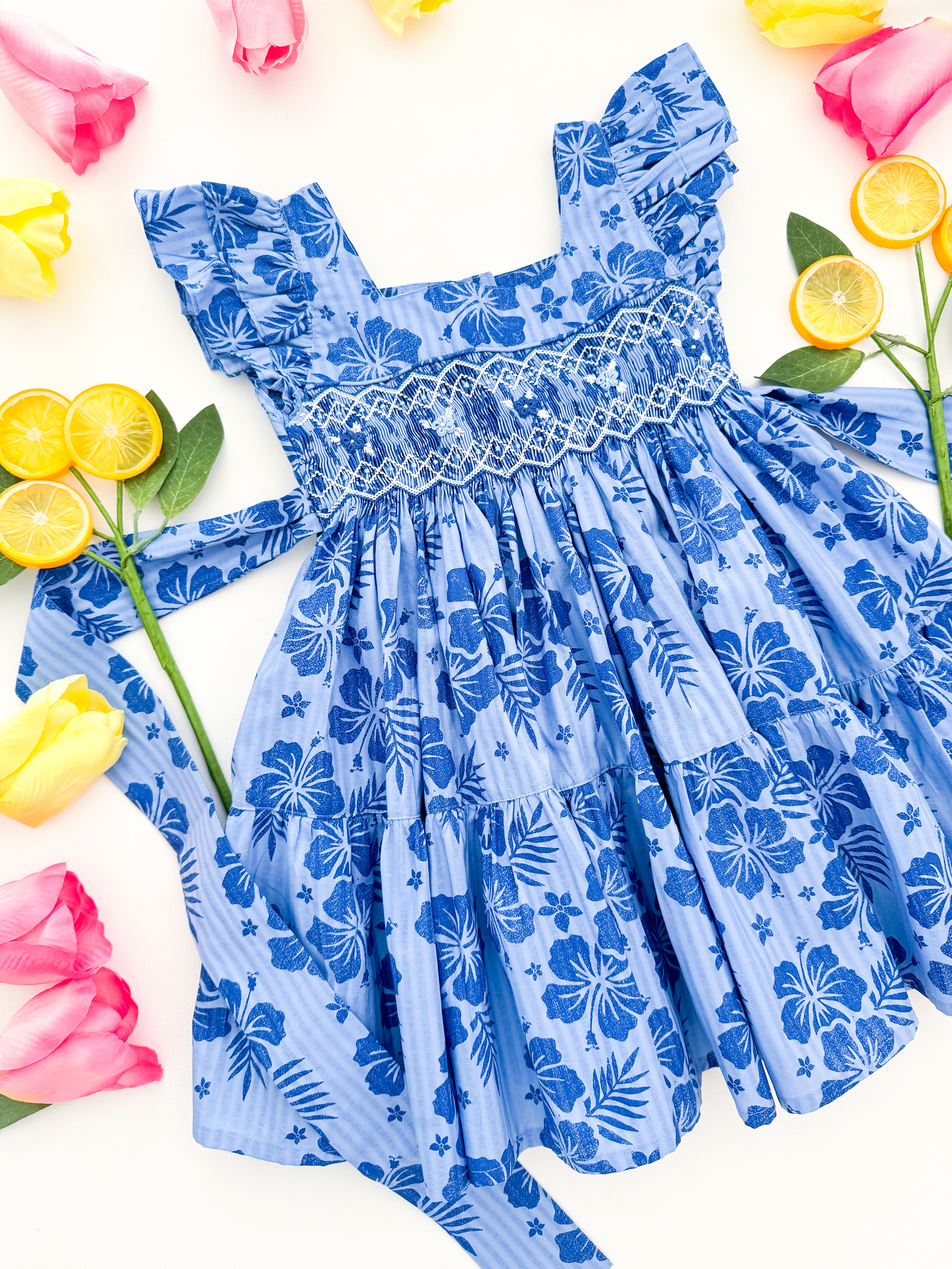 The hand smocked FIONA dress - floral blue