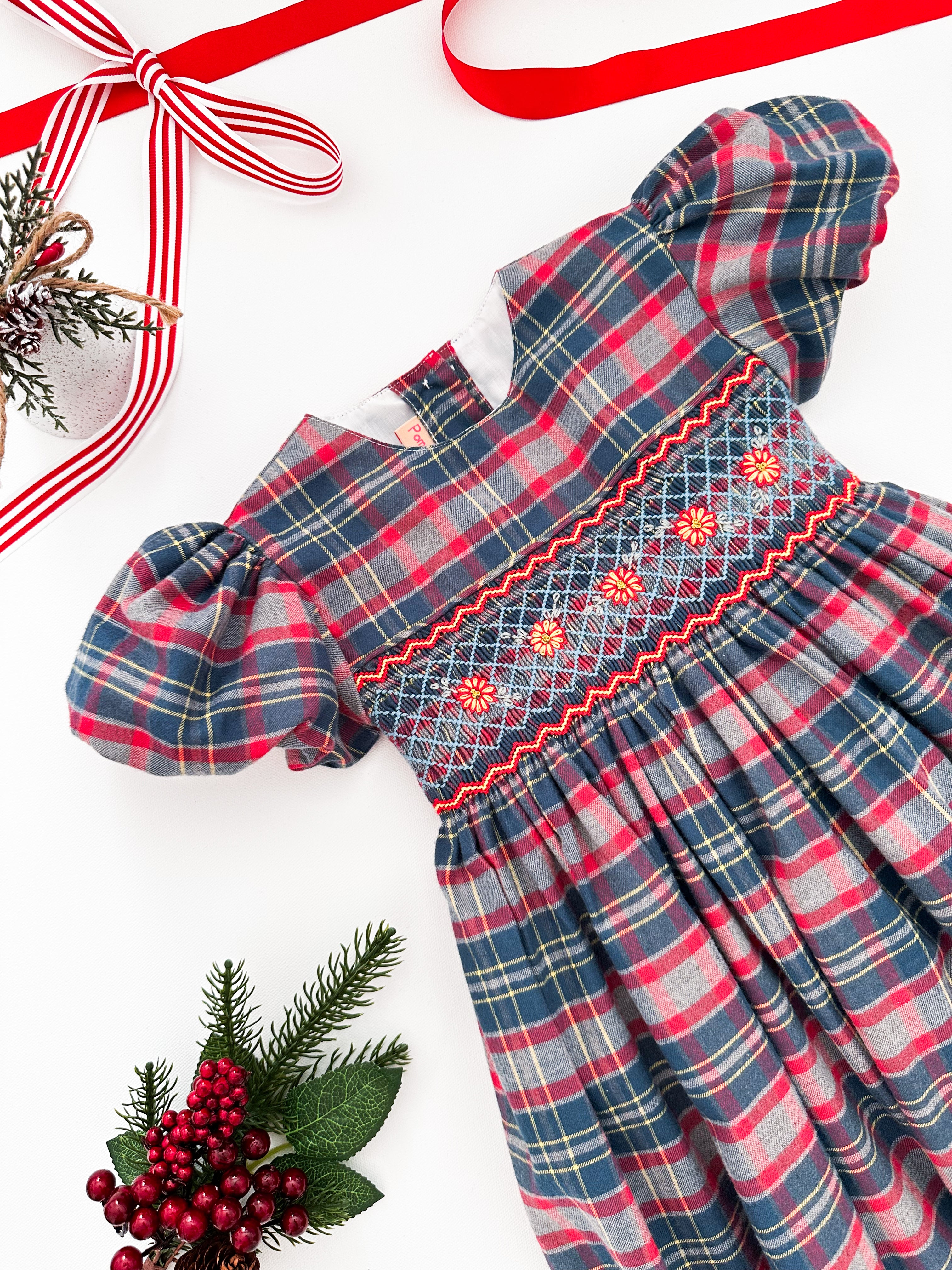 The hand smocked BELLA dress - Tartan blue red