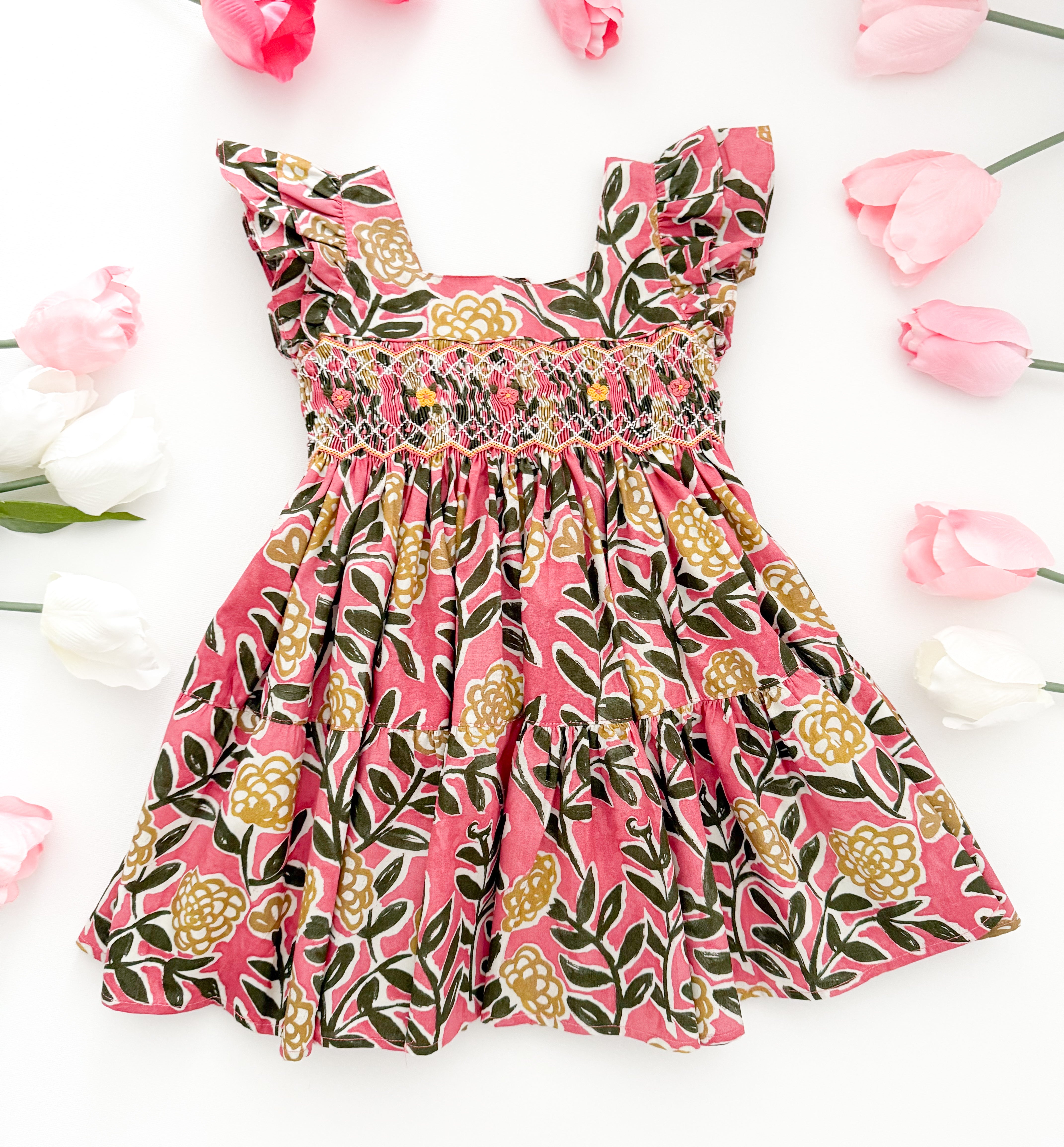 The hand smocked FIONA dress - Floral Pink Yellow