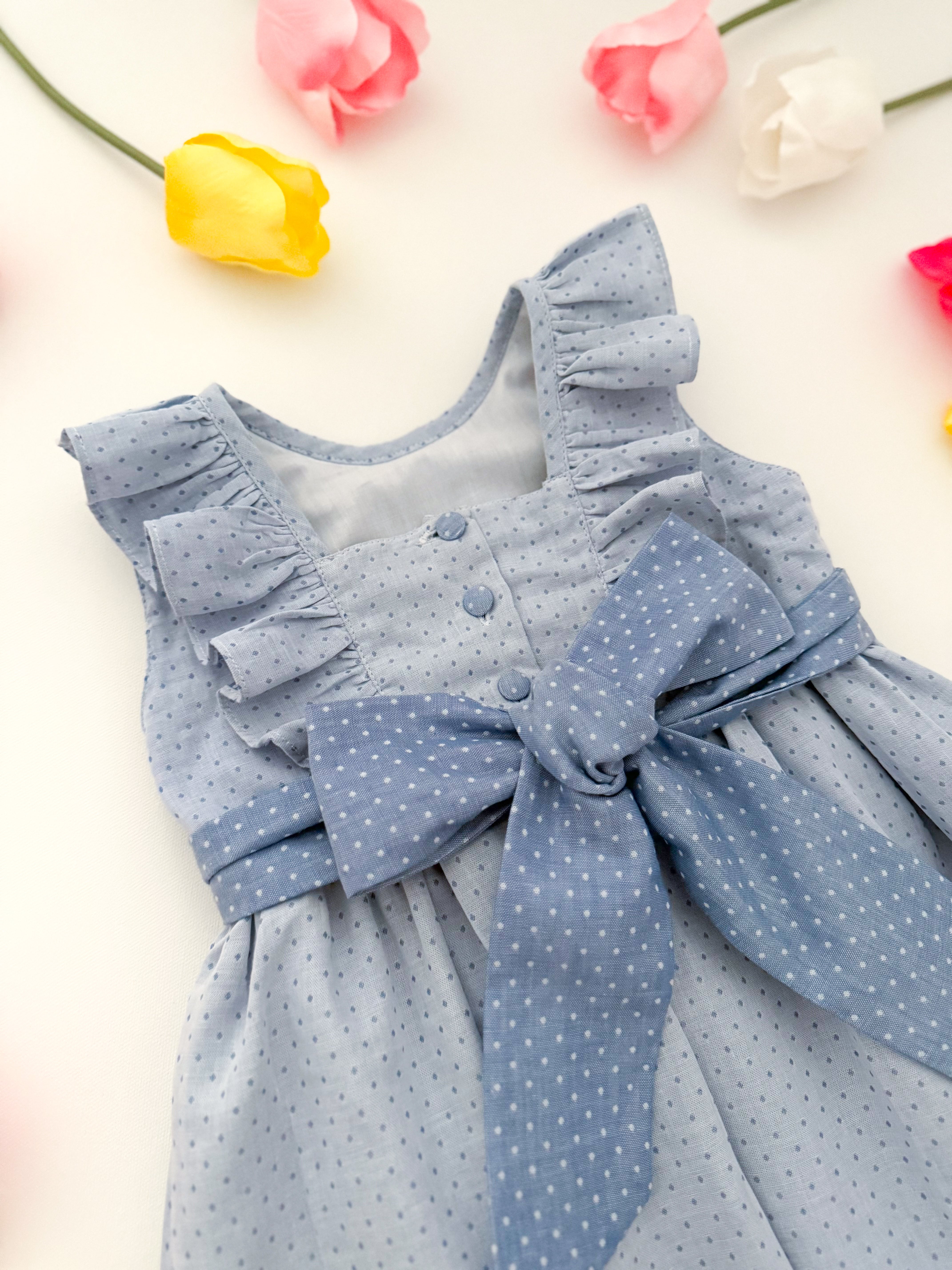 The hand smocked MIRANDA dress - Blue polka dots