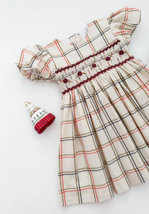 The hand smocked BELLA dress - Ivory/burgundy