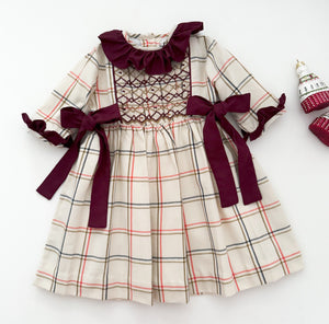 The hand smocked SERAPHINA dress - Ivory/Burgundy