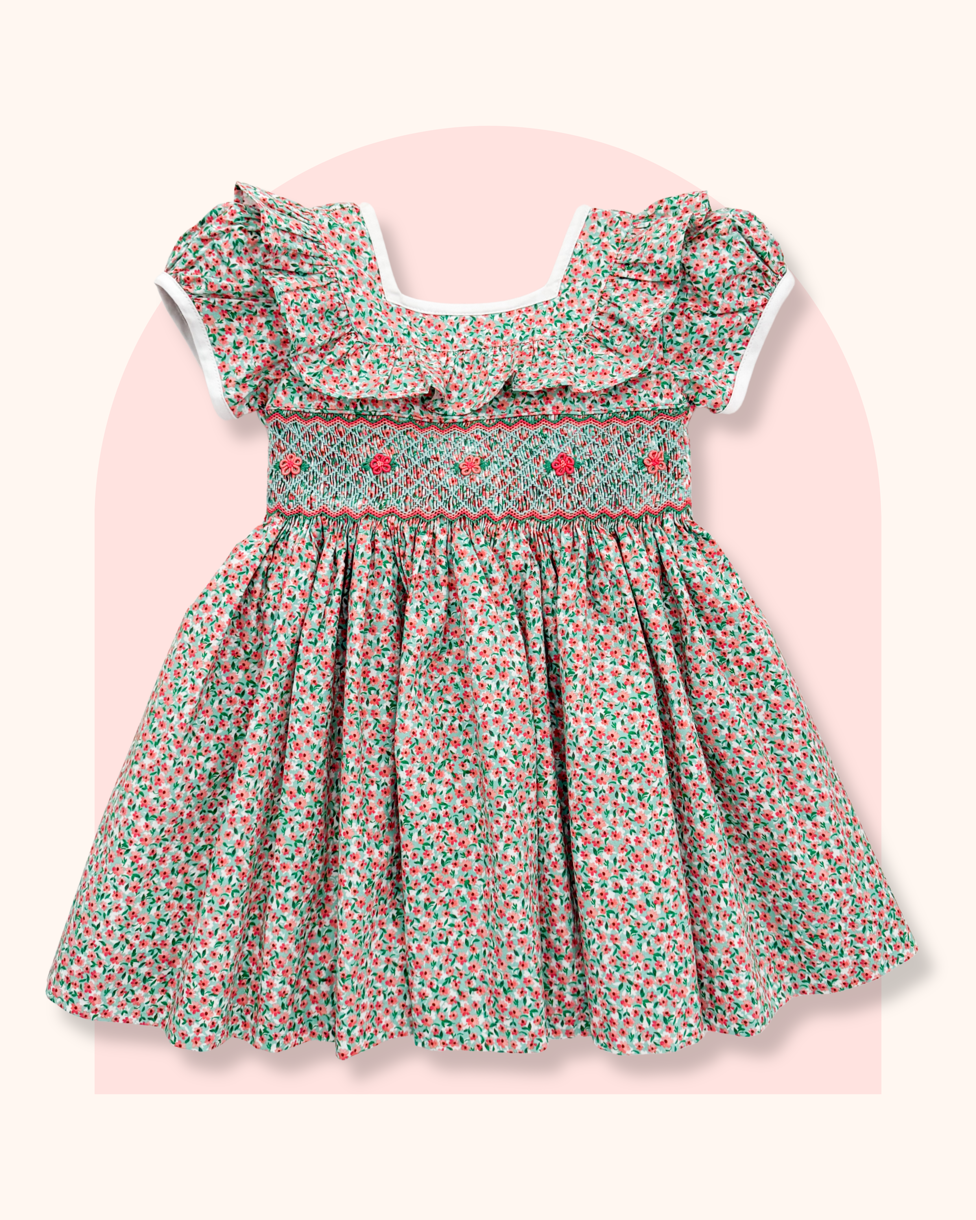 The hand smocked SERENA dress - Floral mint coral