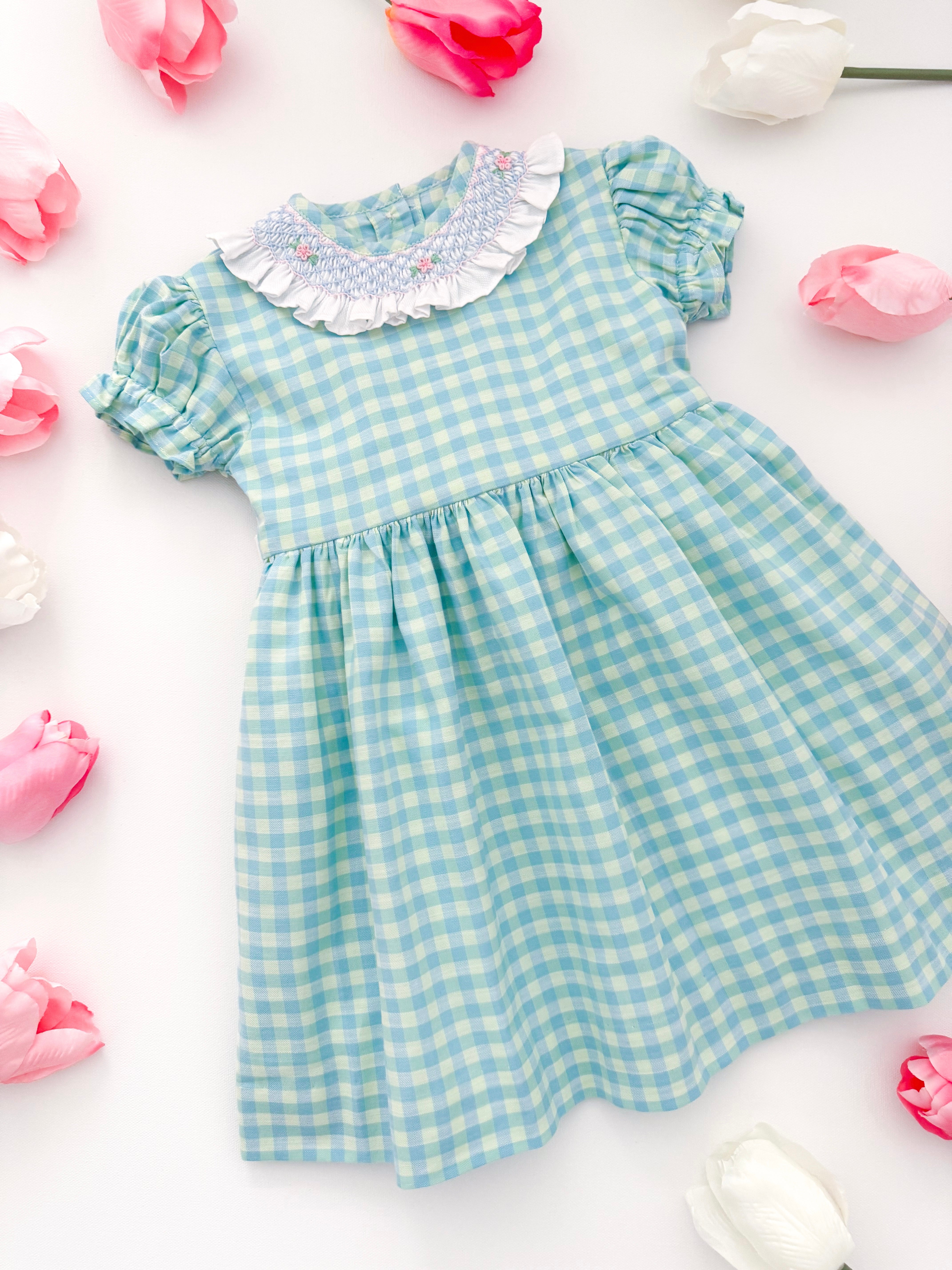 The hand smocked FAUSTINE dress - Vichy blue mint