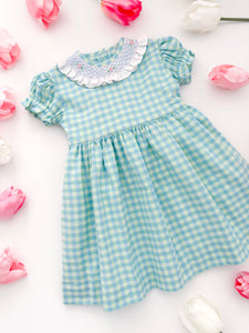 The hand smocked FAUSTINE dress - Vichy blue mint