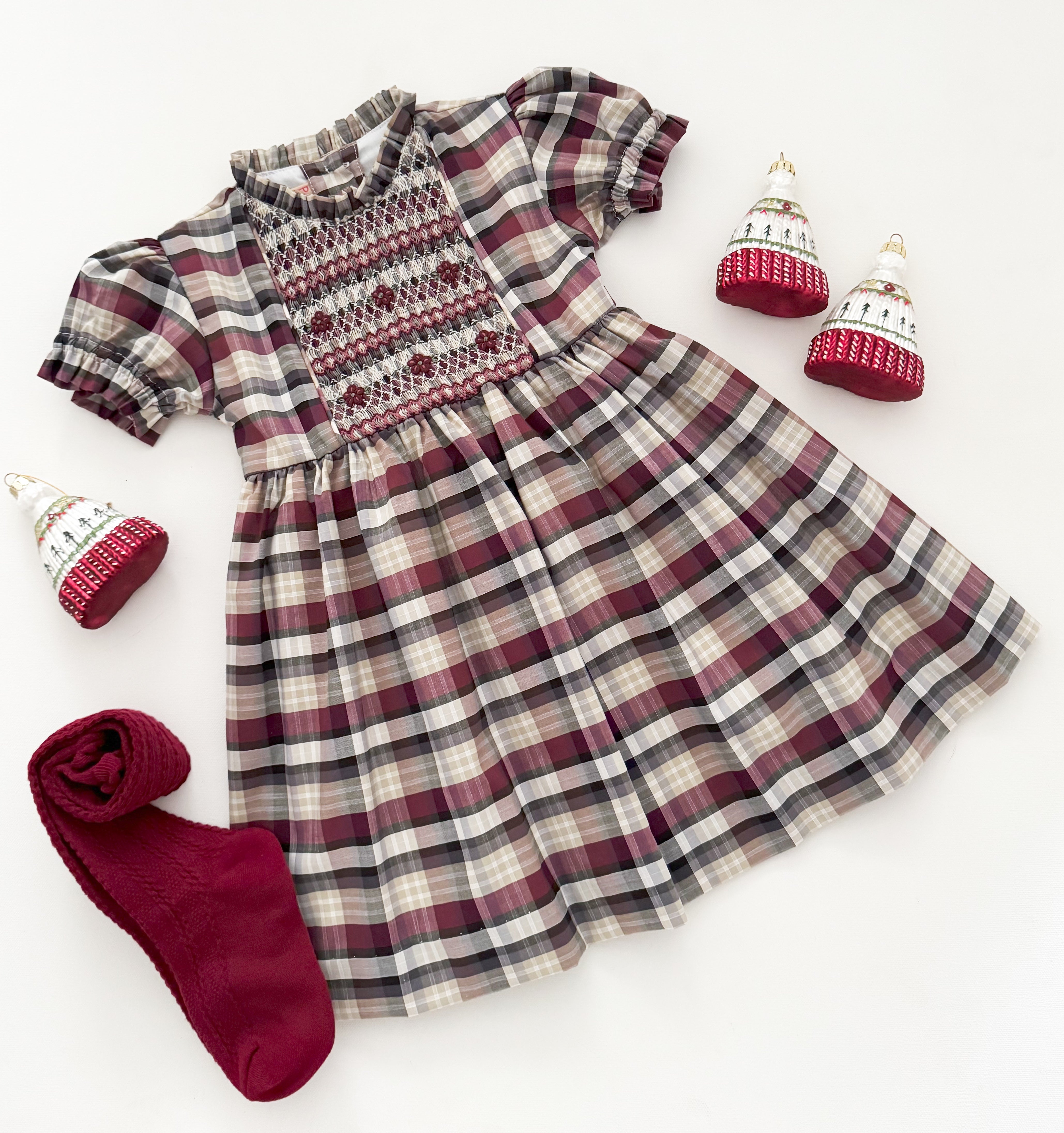 The hand smocked ROMANE dress - Burgundy/Grey