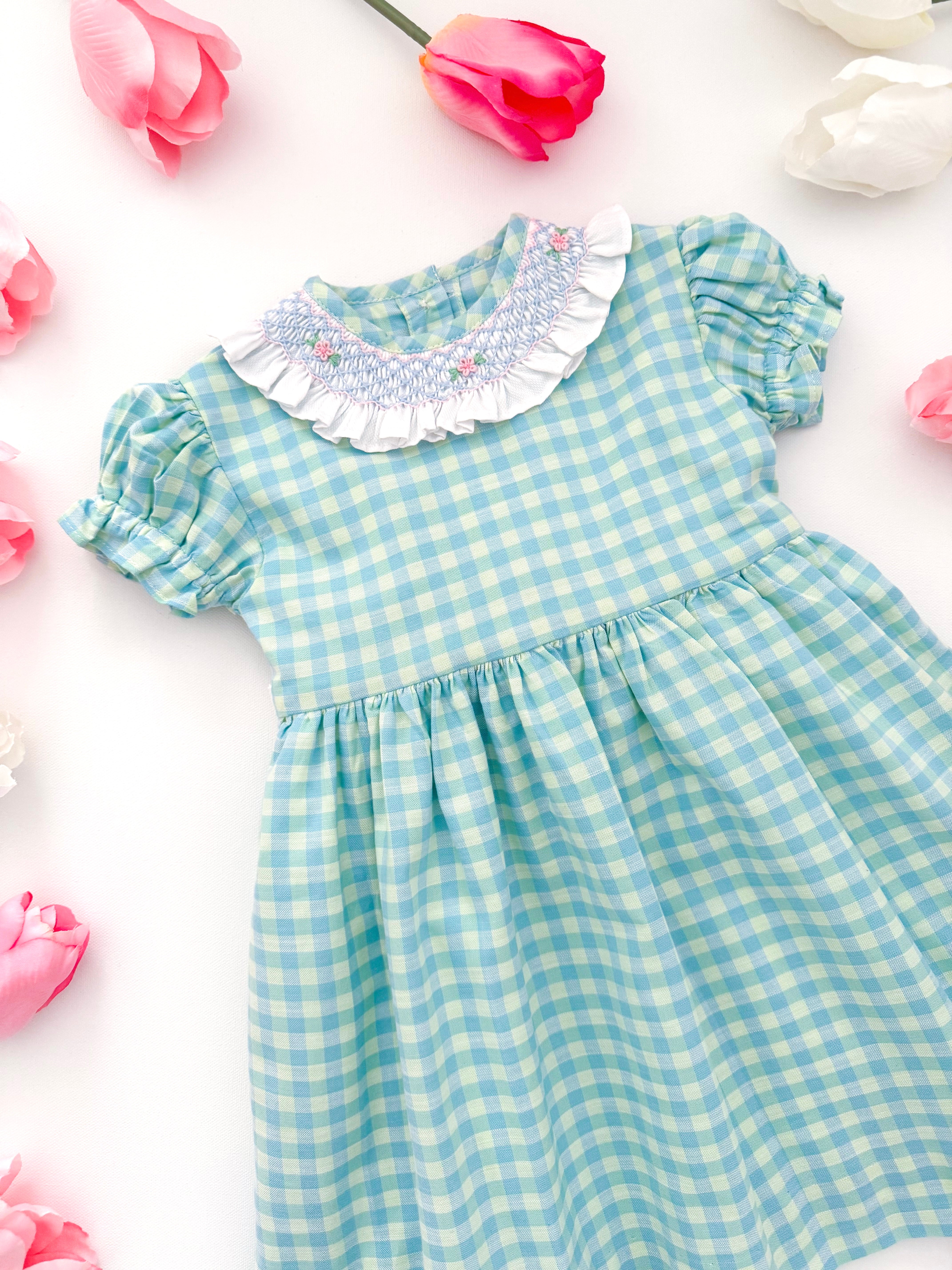 The hand smocked FAUSTINE dress - Vichy blue mint