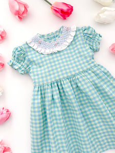 The hand smocked FAUSTINE dress - Vichy blue mint