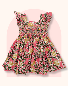 The hand smocked FIONA dress - Floral Pink Yellow