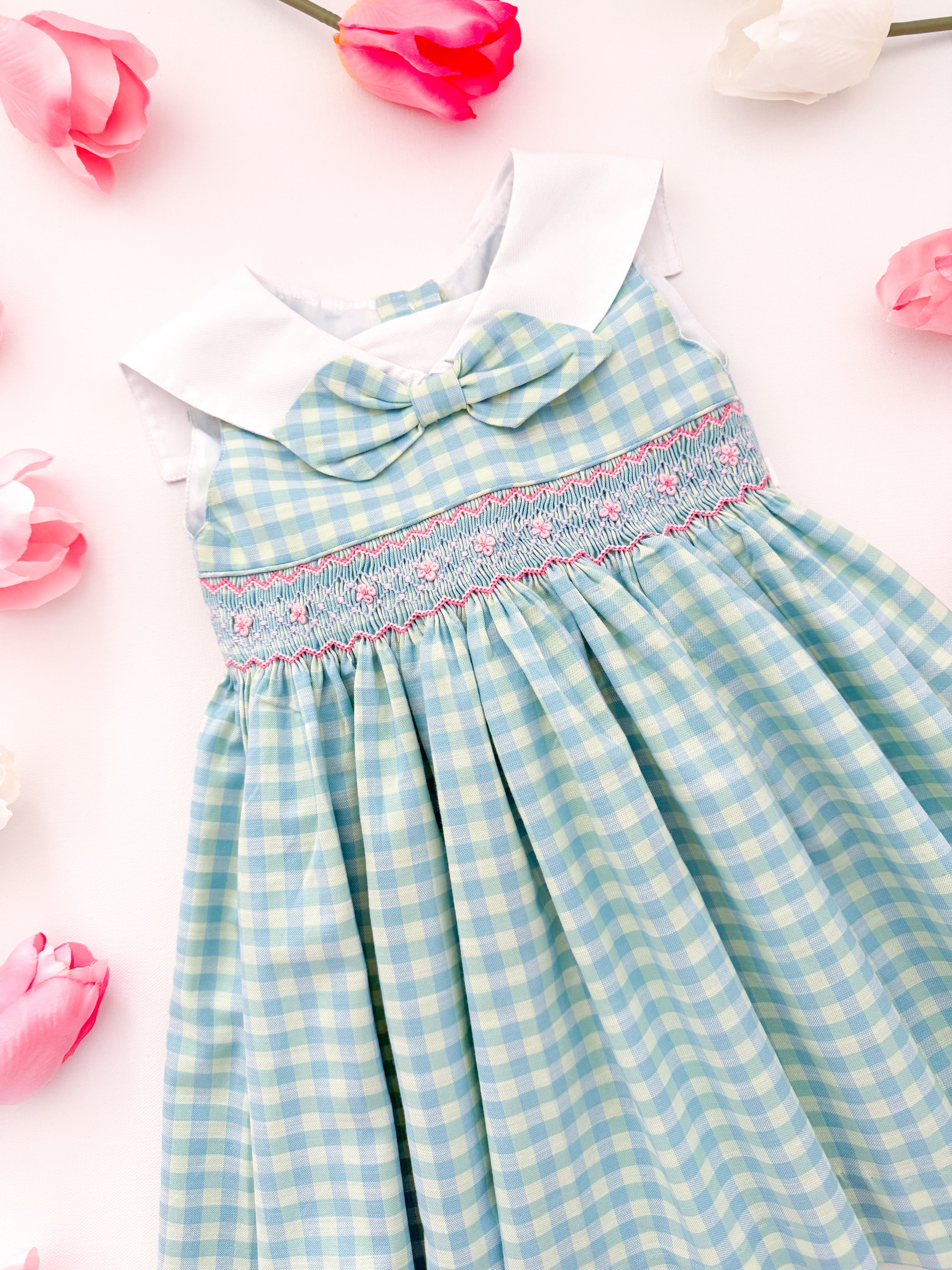 The hand smocked BIANCA dress - Vichy blue mint