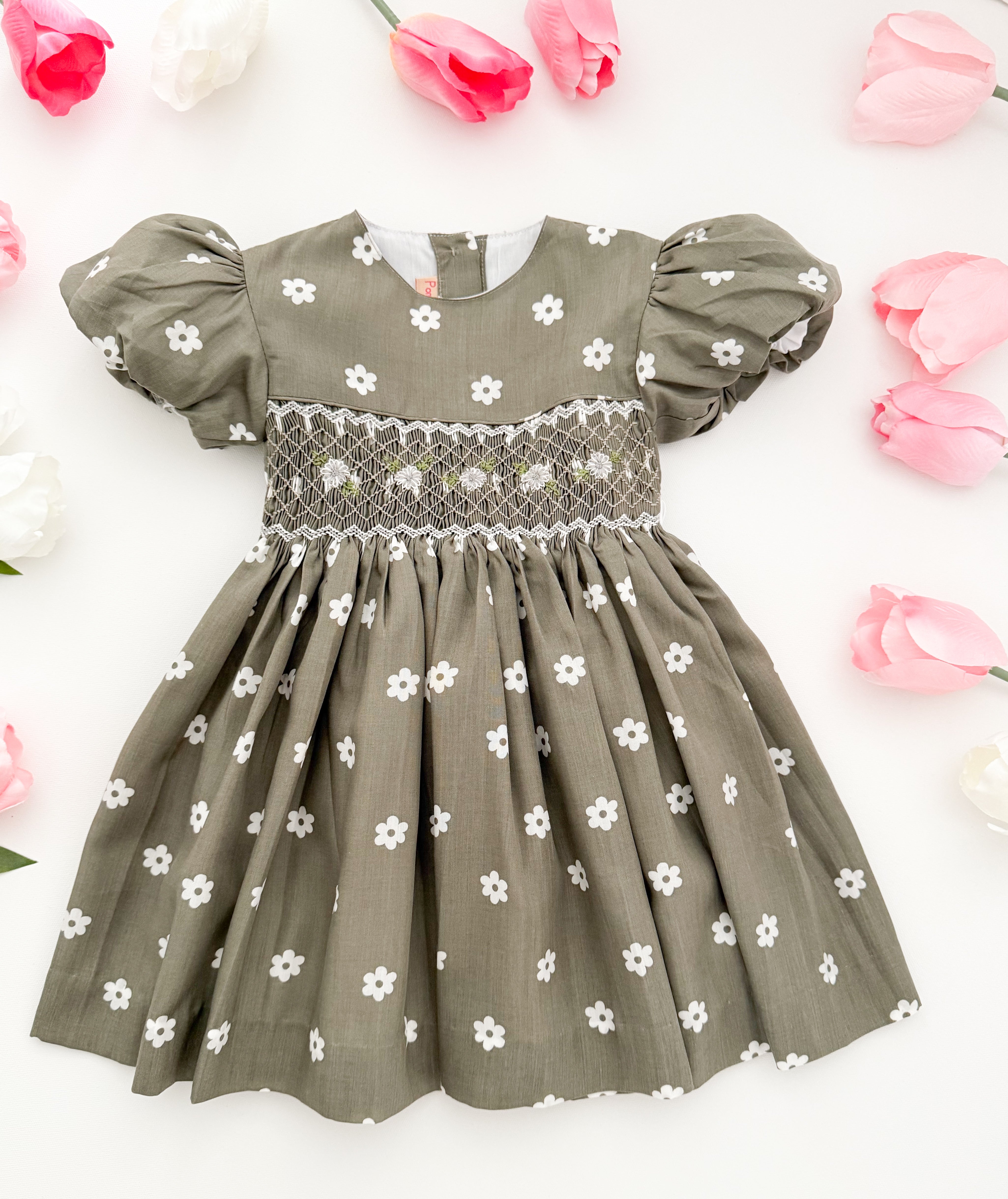 The hand smocked BELLA dress - Green Olive