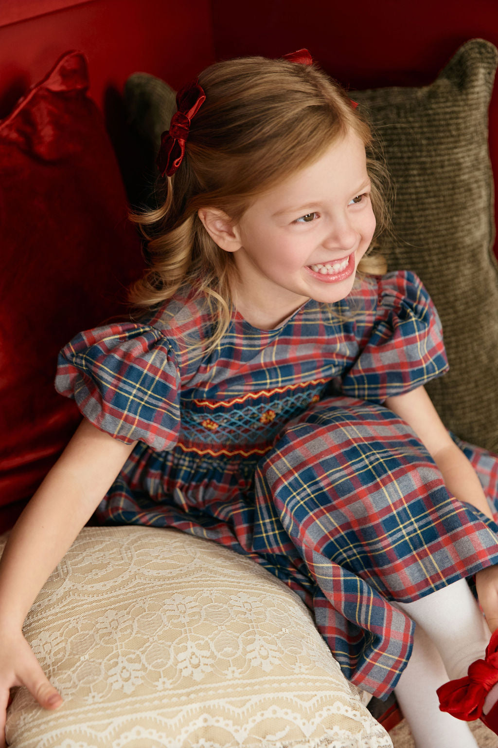 The hand smocked BELLA dress - Tartan blue red