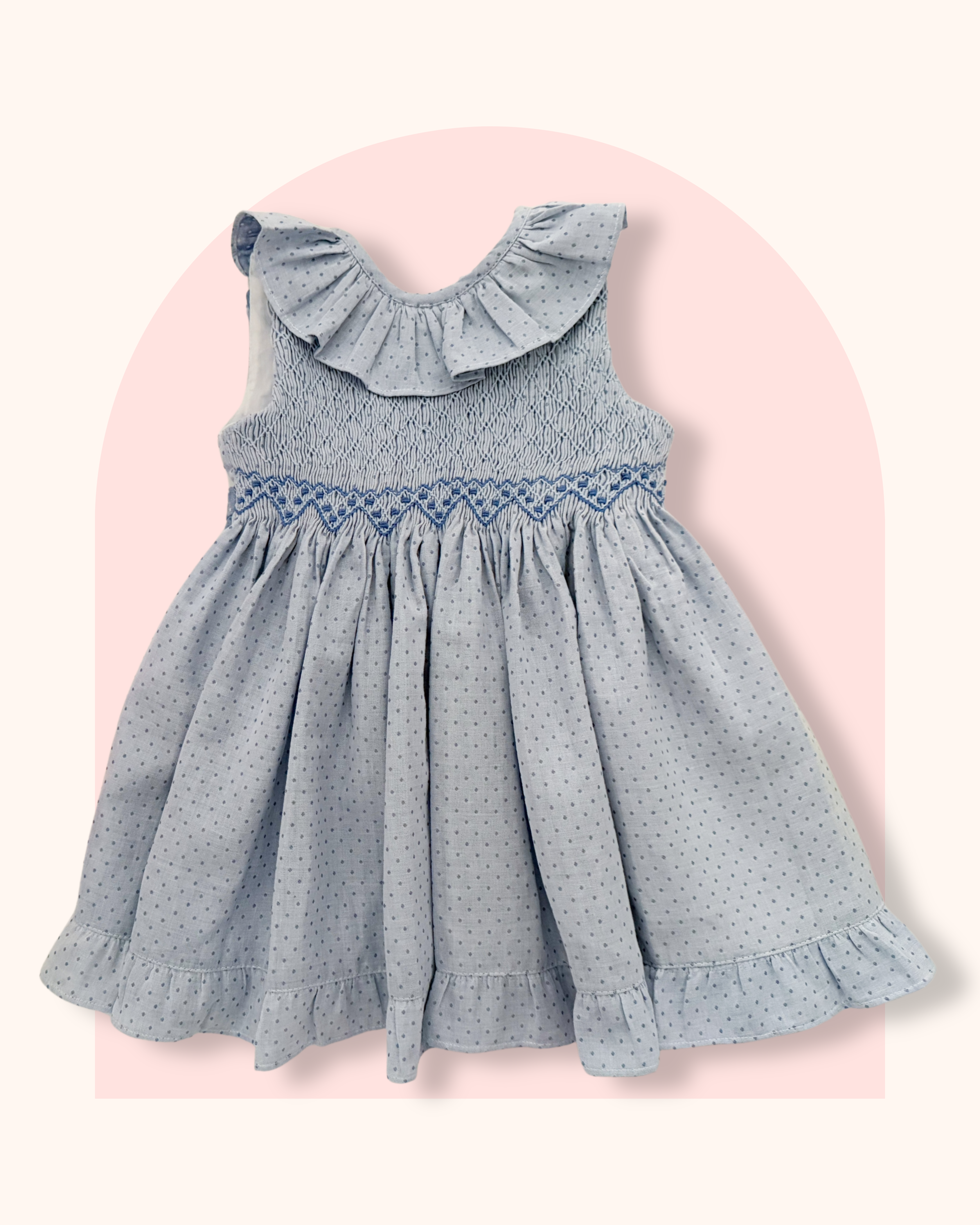 The hand smocked MIRANDA dress - Blue polka dots