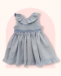 The hand smocked MIRANDA dress - Blue polka dots