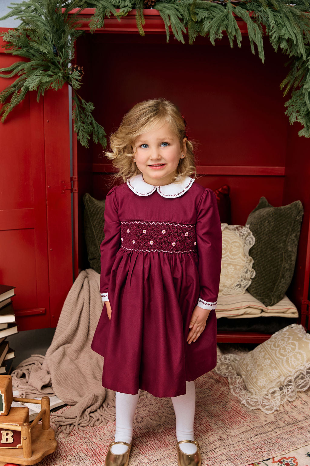 The hand smocked ANNE dress - Burgundy