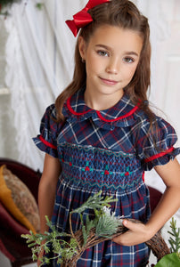 The hand smocked ABIGAIL dress - Plaid Navy and red