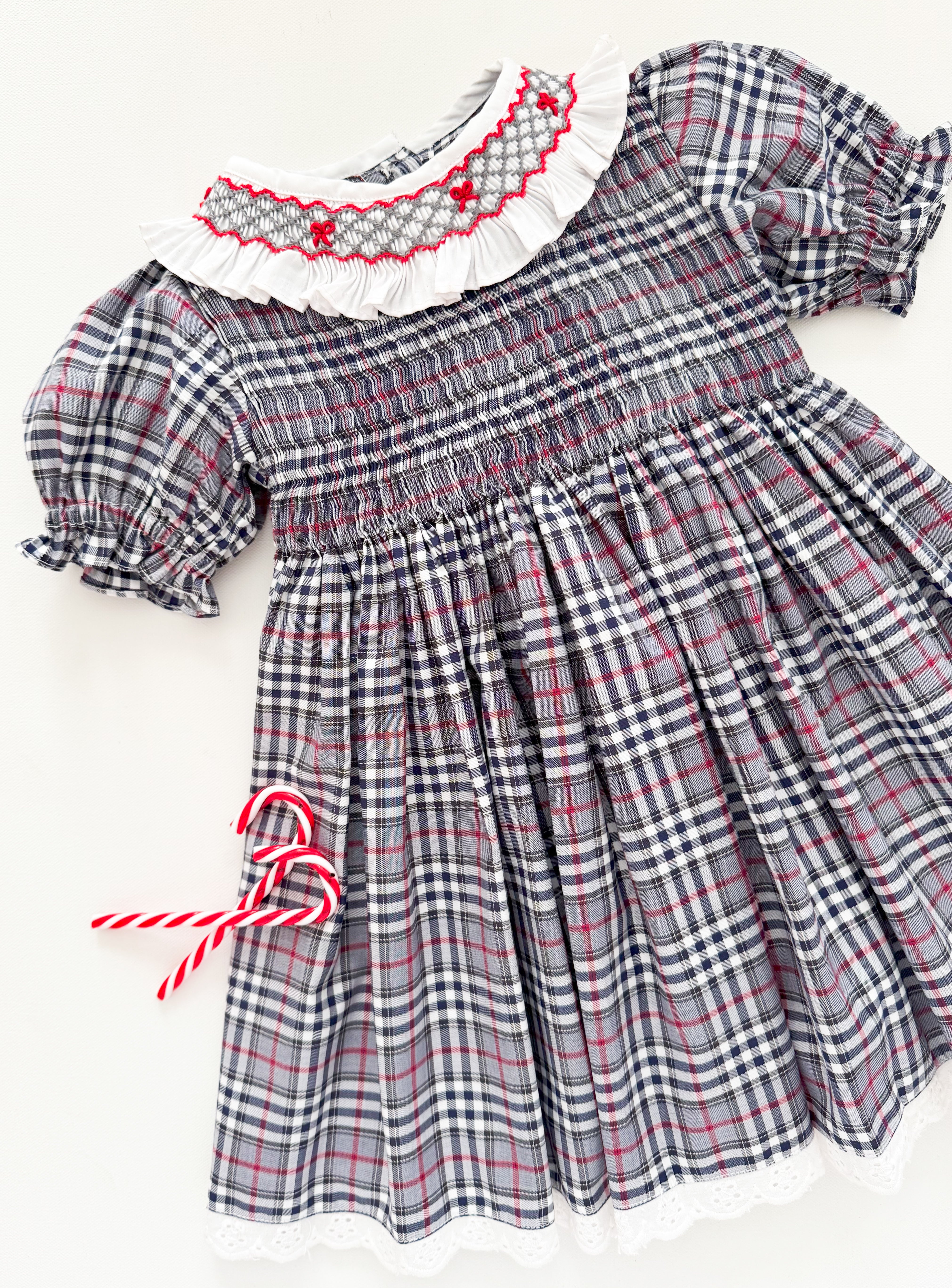 The hand smocked MADELINE dress - Plaid Grey and Red