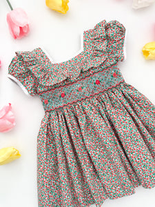 The hand smocked SERENA dress - Floral mint coral