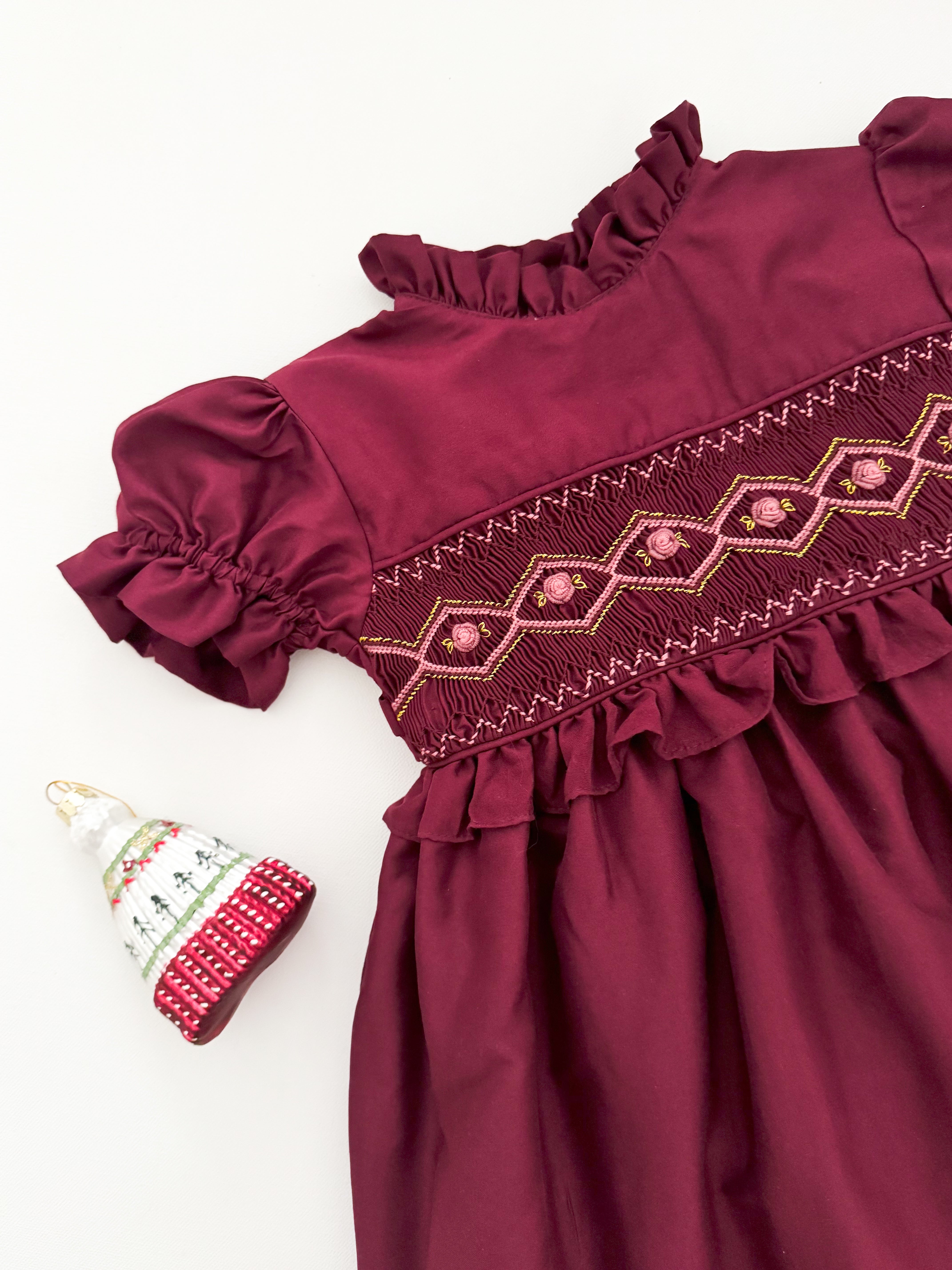 The hand smocked FLORIANE dress - Burgundy