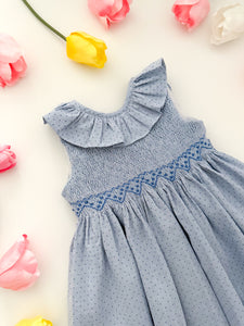The hand smocked MIRANDA dress - Blue polka dots
