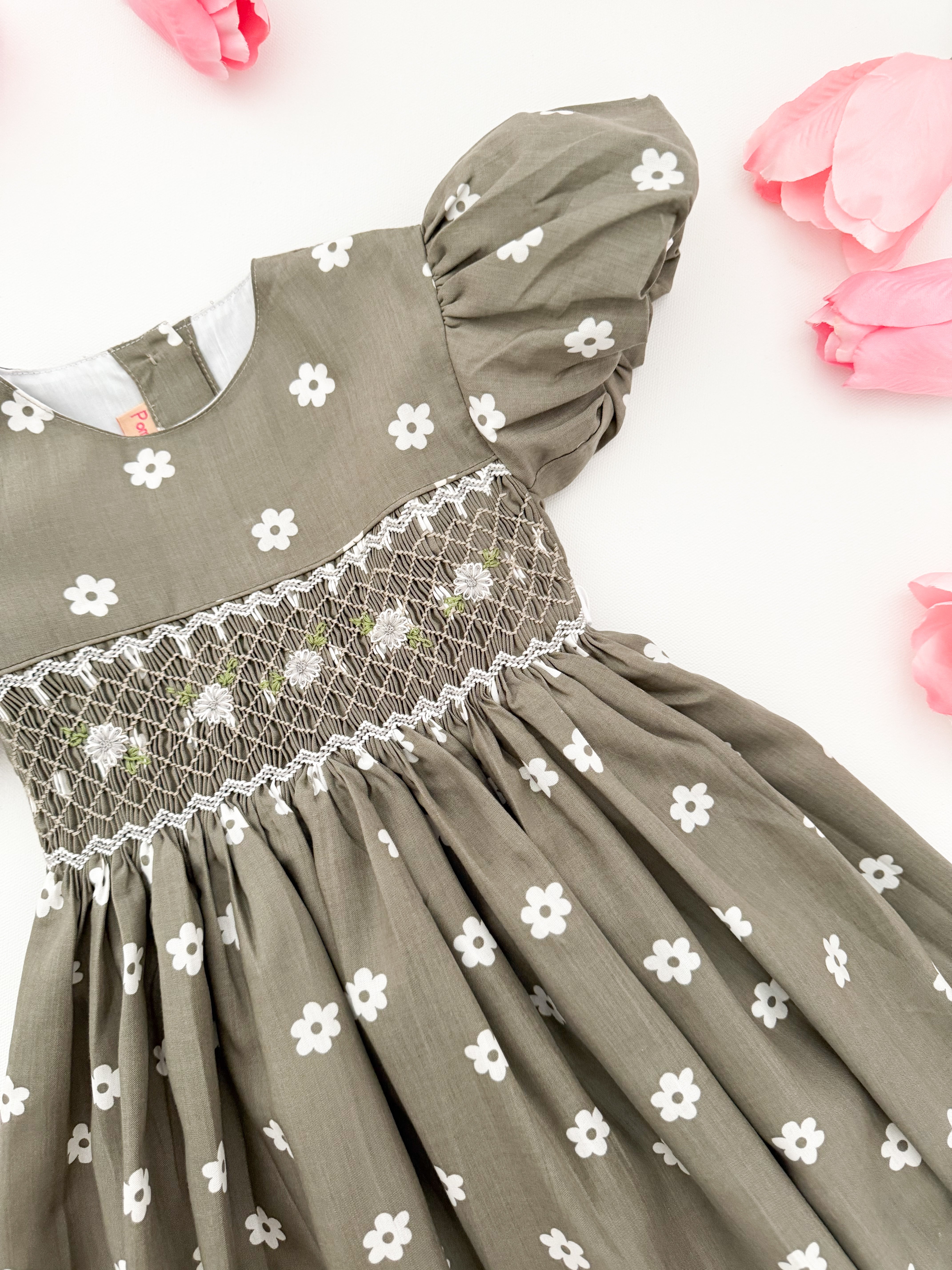 The hand smocked BELLA dress - Green Olive