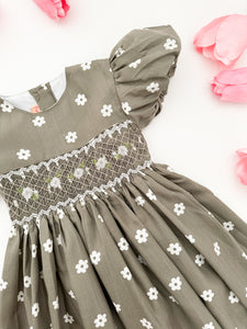 The hand smocked BELLA dress - Green Olive