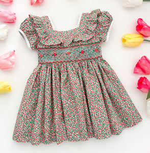 The hand smocked SERENA dress - Floral mint coral
