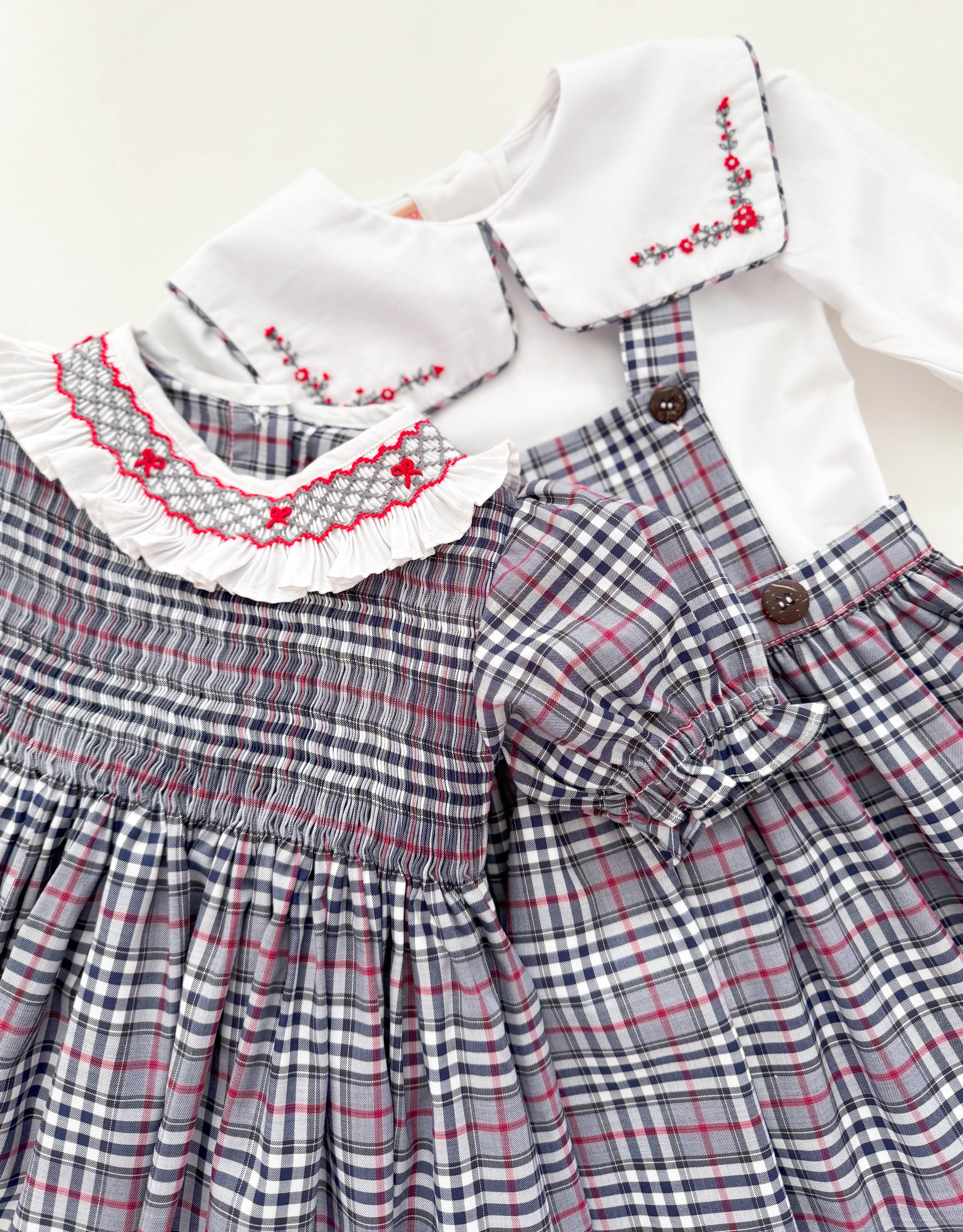 The hand smocked MADELINE dress - Plaid Grey and Red