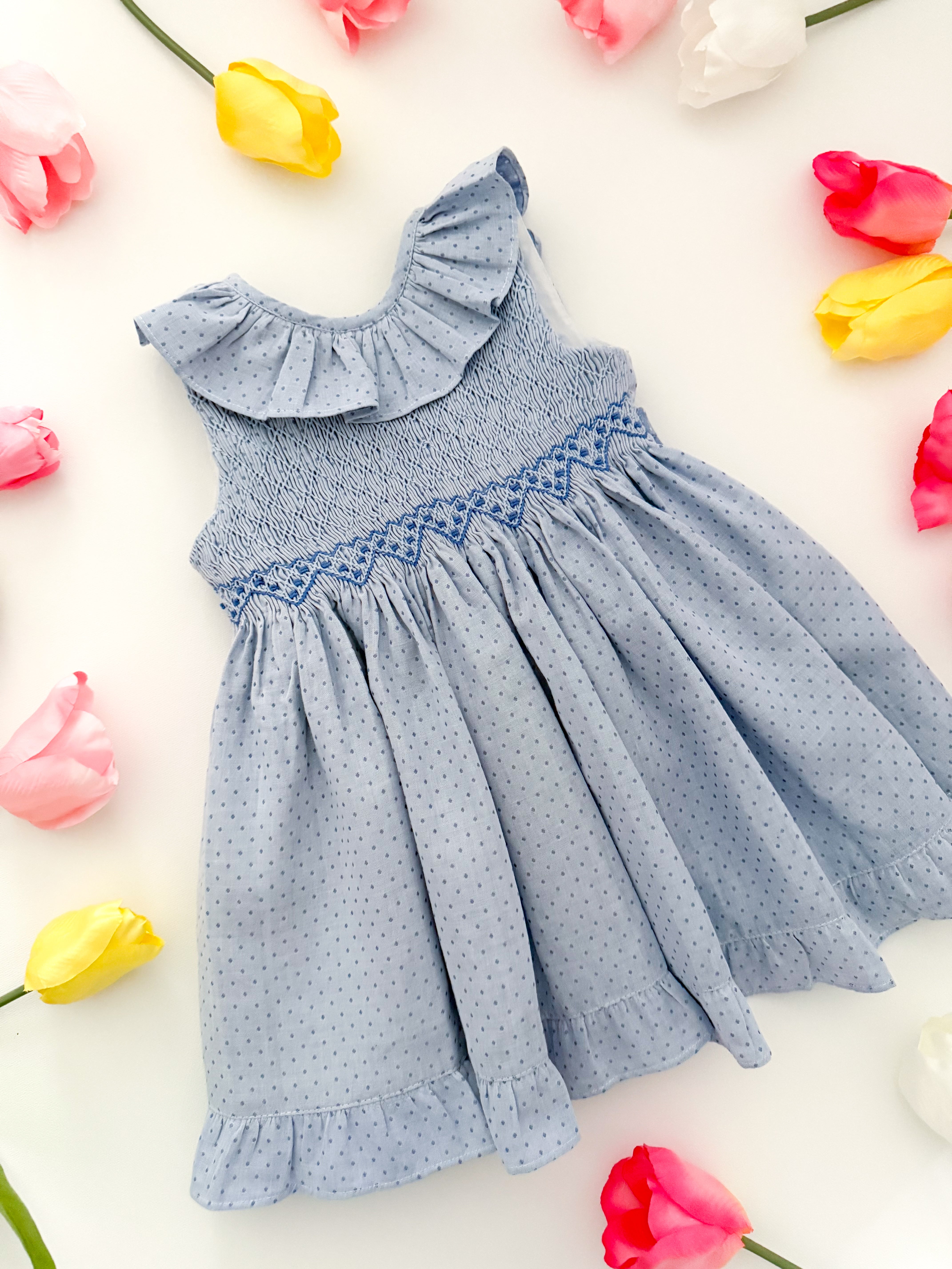The hand smocked MIRANDA dress - Blue polka dots