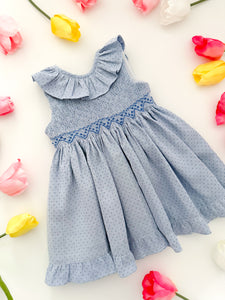 The hand smocked MIRANDA dress - Blue polka dots